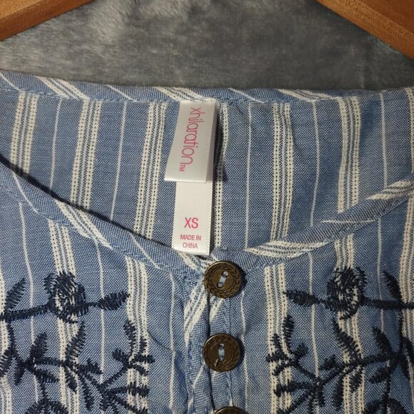 Boho Embroidered Peplum Blouse Women's XS Blue Striped Cotton Short Sleeves - Picture 2 of 10